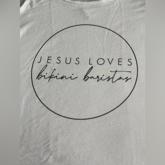 White “Jesus Loves Bikini Baristas” Tank Top Women’s Size S - Picture 5 of 9